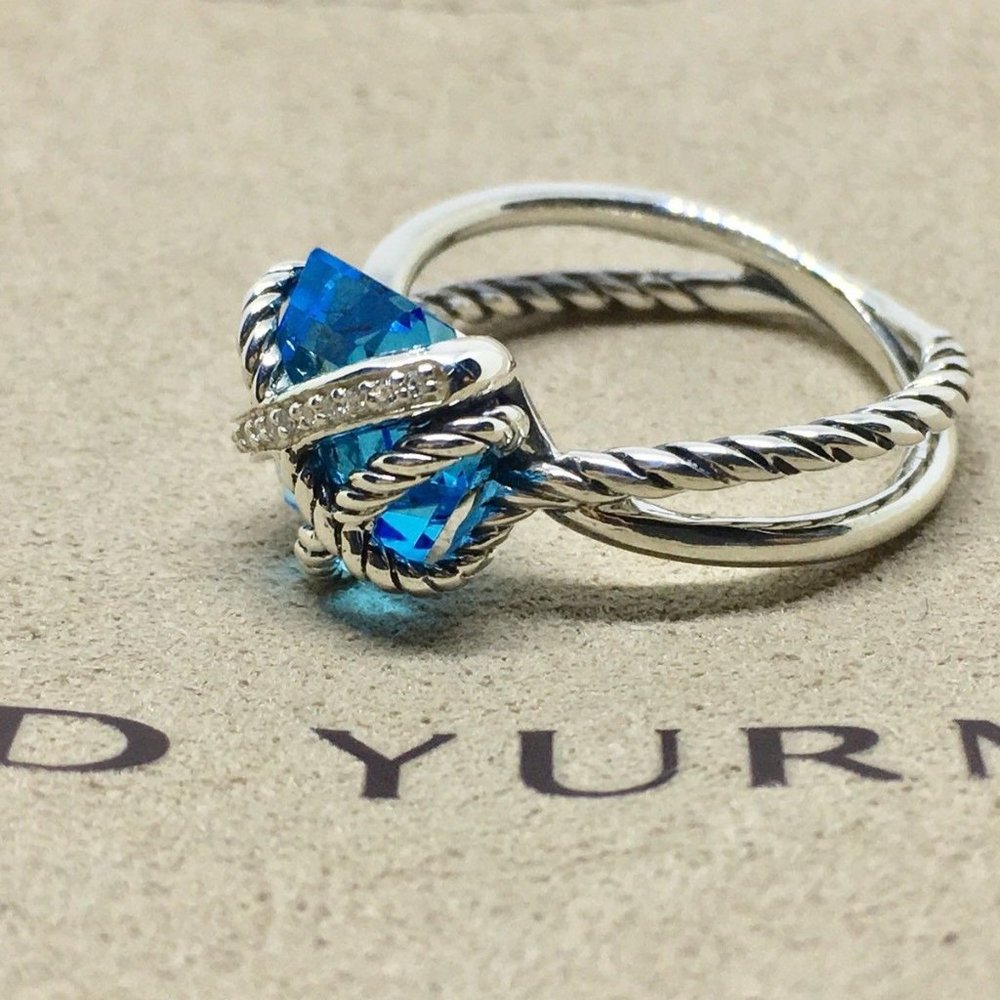 David Yurman Sterling Silver Cable Wrap Blue Topaz Diamond Ring Size 6